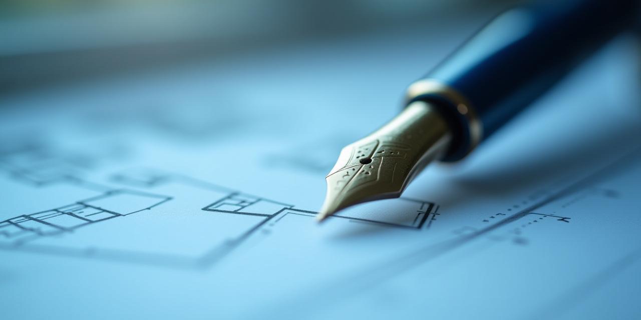 Close up of a luxury fountain pen resting on a complex legal document with architectural blueprints in the background