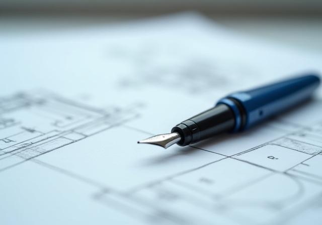 Close-up of professional architectural blueprints with a drafting pen